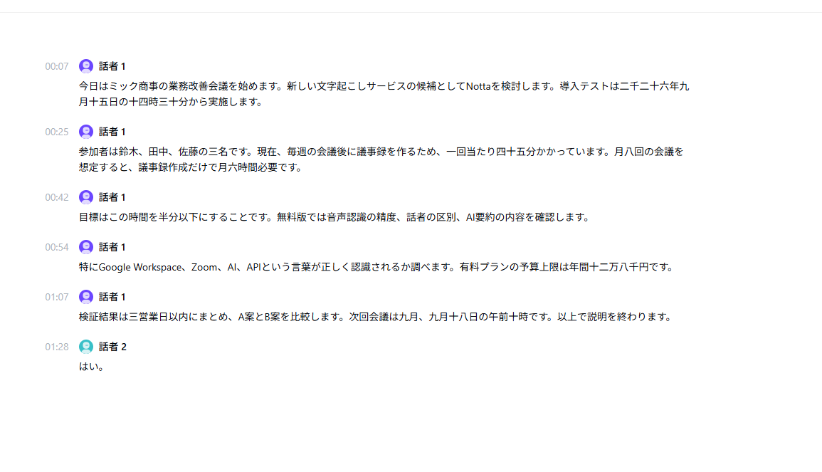 静かな部屋で録音した文字起こし結果