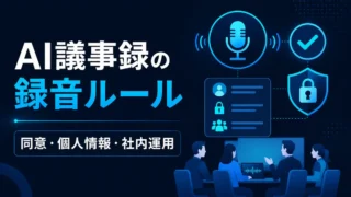AI議事録の録音同意・個人情報・社内運用のルールを示すイラスト